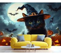 Fresque murale d'Halloween représentant un chat noir coiffé d'un chapeau de sorcière, une nuit mystérieuse au clair de lune avec des Décoration murale classique pour la maison. 150x105cm