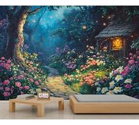 Fresque murale féérique représentant un jardin nocturne, un sous-bois fleuri et une maisonnette, idéale pour créer un espace de rêve dans votre intérieur. 100x100cm (Non autocollant)