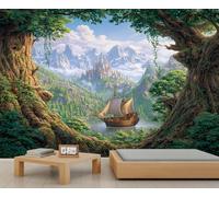 Fresque murale féerique représentant une forêt et un château enchanteurs, œuvre d'art lumineuse et imaginaire, décoration murale magique pour chambre ou salon 200x140cm (Non autocollant)