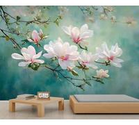 Fresque murale florale de magnolia rose paisible, œuvre d'art botanique délicate, décoration élégante pour l'entrée du salon 300x230cm (Non autocollant)