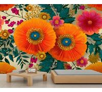 Fresque murale florale multicolore et coquelicots orange vifs, œuvre d'art botanique artistique, décoration élégante pour l'entrée du salon 250x195cm (Non autocollant)