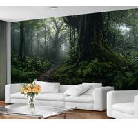 Fresque murale Forêt tropicale brumeuse - Papier peint Chemin de jungle verdoyant, Décoration murale Mystique représentant une scène de nature pour le salon et la chambre 400x280cm (Non autocollant)