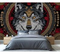 Fresque murale géométrique mythique représentant un loup - Motif symbolique orné pour une maison éclectique et les amateurs d'art ésotérique 350x250cm (Non autocollant)