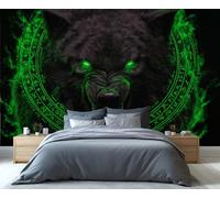 Fresque murale gothique néon vert loup - Loup sombre et féroce orné de symboles occultes, idéale pour une salle de jeux, un repaire d'homme ou un espace de détente gothique. 350x250cm