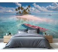 Fresque murale Île de sable rose tropical - Eaux cristallines et paradis bordé de palmiers, décoration murale pour salon, papier peint d'escapade idyllique au bord de la mer 100x100cm