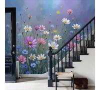 Fresque Murale Intissée Fleurs des champs colorées style de peinture à l'huile impressionniste bleu clair Papier Peint Panoramique Décoration Salon Chambre Bureau 400x280cm Non Autocollant