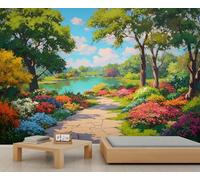 Fresque murale joyeuse représentant un chemin de jardin fleuri et un lac, motif floral multicolore, décoration murale accueillante pour un mur d'accent dans une chambre. 250x195cm (Non autocollant)