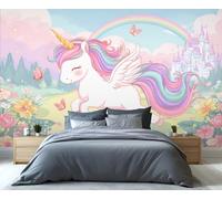 Fresque murale Licorne ailée charmante - Motif château arc-en-ciel pastel pour une maison éclectique et les amateurs de chambres d'enfants 250x195cm (Non autocollant)
