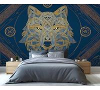 Fresque murale Loup à motifs celtiques - Loup doré complexe sur fond bleu, idéale pour la chambre, le salon et les amateurs de décoration celtique. 400x280cm (Non autocollant)