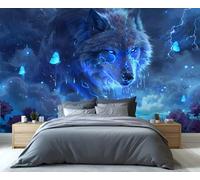 Fresque murale Loup bleu électrisant - Art néon avec éclairs et papillons pour chambre, salle de jeux et amateurs de décoration fantastique 250x175cm (Non autocollant)