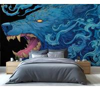 Fresque murale Loup de fumée bleue mythique - Bête fantastique aux volutes de fumée, œuvre d'art pour chambre, salle de jeux et amateurs de décoration fantastique 280x200cm (Non autocollant)
