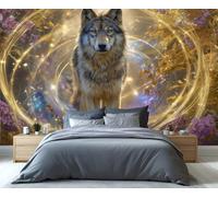 Fresque murale Loup magique enchanté - Esprit de la forêt fantastique aux auras dorées, pour chambre, salon et décoration mythique 300x230cm (Non autocollant)