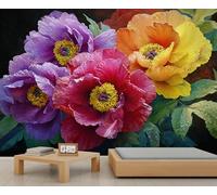 Fresque murale luxueuse à pivoines multicolores, motif floral complexe, décoration murale sophistiquée pour un mur d'accent dans la chambre. 280x200cm (Non autocollant)