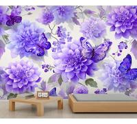 Fresque murale magique violette à motifs floraux et papillons, motif floral complexe, décoration murale romantique pour chambre à coucher 400x280cm (Non autocollant)