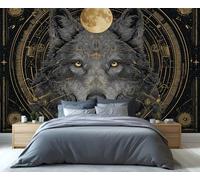 Fresque murale mystique représentant un loup astrologique - Loup céleste aux symboles dorés, idéale pour la chambre, le salon et la décoration occulte 150x105cm (Non autocollant)
