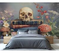 Fresque murale nature morte ésotérique - Livres anciens, crâne et champignons - Idéale pour une maison éclectique et les amateurs d'art surréaliste 100x100cm (Non autocollant)