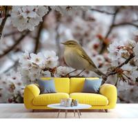 Fresque murale Oiseau parmi les cerisiers en fleurs, Art floral et animalier printanier, Décoration fraîche pour salon et chambre 250x195cm (Non autocollant)