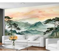 Fresque murale orientale représentant une montagne brumeuse et des pins, une œuvre d'art murale au paysage éthéré, une décoration intérieure d'inspiration zen pour le salon et la chambre. 400x280cm