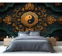 Fresque murale ornée de l'emblème Yin-Yang - Décoration murale en filigrane et symboles traditionnels pour le salon, papier peint élégant inspiré de la philosophie orientale 200x140cm