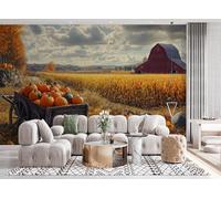 Fresque Murale Panoramique 3D Champ De Blé 400x280 cm Papier Peint Intissé Mat Haute Définition Facile à Entretenir Décoration Murale Citrouille Pâturage Moderne pour Maison Salon Chambre 27A-49