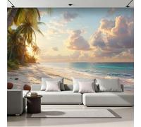 Fresque Murale Panoramique 3D Cocotier 400x280 cm Papier Peint Intissé Mat Haute Définition Facile à Entretenir Décoration Murale Plage Lever De Soleil Moderne pour Maison Salon Chambre 26A-4