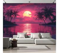 Fresque Murale Panoramique 3D Coucher De Soleil 300x210 cm Papier Peint Intissé Mat Haute Définition Facile à Entretenir Décoration Murale Palmiers Plage Moderne pour Maison Salon Chambre 26A-47