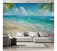 Fresque Murale Panoramique 3D Plage 350x256 cm Papier Peint Intissé Mat Haute Définition Facile à Entretenir Décoration Murale Coquillages Océan Frais Moderne pour Maison Salon Chambre 16A-3