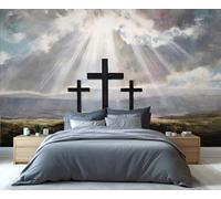 Fresque murale religieuse représentant trois croix, lumière divine et fond pittoresque, décoration murale unique pour les passionnés chrétiens 300x210cm (Non autocollant)