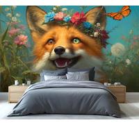 Fresque murale renard fleuri enchanté avec papillon - Illustration fantaisiste d'une créature de la forêt pour la chambre, le salon et la décoration des amoureux de la nature 100x100cm