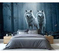 Fresque murale représentant deux loups blancs dans une forêt brumeuse - Décoration intérieure mystique inspirée par la faune sauvage, idéale pour le salon ou un espace détente. 100x100cm