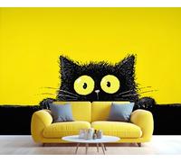 Fresque murale représentant un chat noir de dessin animé aux grands yeux jaunes, illustration féline ludique, décoration vivante pour salon ou chambre à coucher 250x175cm (Non autocollant)