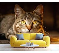 Fresque murale représentant un chat tigré aux yeux dorés en gros plan, une œuvre féline saisissante, une décoration chaleureuse pour le salon ou la chambre. 100x100cm (Non autocollant)