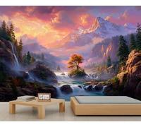 Fresque murale représentant un coucher de soleil majestueux sur une montagne et une cascade, décor paysager épique pour salon et chambre, œuvre d'art murale à couper le souffle 200x140cm