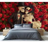 Fresque murale représentant un couple de squelettes pour le Jour des Morts - Décor romantique avec des roses rouges pour chambre, salon et pour les passionnés de décoration Dia de los Muertos