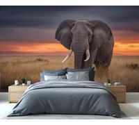 Fresque murale représentant un éléphant de savane au coucher du soleil - Pachyderme majestueux et horizon doré, décoration murale pour le salon, papier peint emblématique de la faune africaine