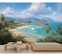 Fresque murale représentant un paradis côtier tropical, un océan azur et des palmiers, idéale pour une ambiance de chambre et de salon. 350x250cm (Non autocollant)