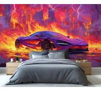 Fresque murale représentant un paysage urbain flamboyant avec des supercars - Art automobile avec éclairs et flammes pour garage, salle de jeux et amateurs de décoration audacieuse 350x250cm