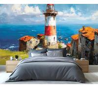 Fresque murale représentant un phare côtier et un village balnéaire - Paysage océanique vibrant pour salon, chambre et décoration sur le thème nautique 250x175cm (Non autocollant)
