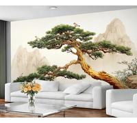 Fresque murale représentant un pin oriental et une montagne, paysage d'inspiration zen, décoration élégante pour le salon et la chambre. 350x250cm (Non autocollant)