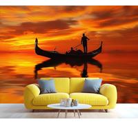 Fresque murale représentant une gondole vénitienne au coucher du soleil, paysage romantique des canaux italiens, décoration élégante pour le salon ou la chambre. 300x210cm (Non autocollant)