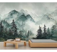 Fresque murale représentant une montagne brumeuse et une forêt de pins, motif de sommet brumeux et d'arbres, décoration murale apaisante pour un mur d'accent dans une chambre. 350x250cm