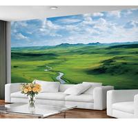 Fresque murale représentant une prairie verte et une rivière, vaste paysage herbeux, décoration murale fraîche pour le salon et la chambre. 100x100cm (Non autocollant)