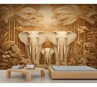 Fresque murale rustique en bois représentant une famille d'éléphants, œuvre d'art sur le thème de la jungle avec détails sculptés, décoration élégante pour l'entrée ou le salon. 100x100cm
