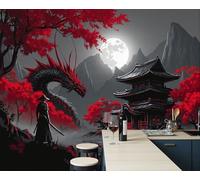 Fresque Murale Soie - Papier Peint Panoramique Samouraï Dragon Noir Temple, Papier Peint Art De La Dark Fantasy, Décoration Murale Pour Salon Chambre Bureau Restaurant Décor Fond TV 250x175cm