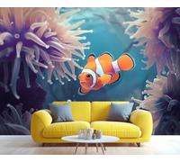 Fresque murale sous-marine représentant un poisson-clown et des anémones de mer, décoration murale idéale pour la chambre d'enfant et le salon. 100x100cm (Non autocollant)