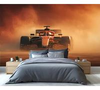 Fresque murale spectaculaire représentant une Formule 1 dans la poussière du désert - Décoration audacieuse inspirée du sport automobile, un garage ou un atelier de passionnés de course automobile