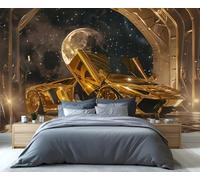 Fresque murale Supercar dorée cosmique - Décoration luxueuse inspirée de l'espace pour garage, atelier ou passionné d'automobile 200x140cm (Non autocollant)