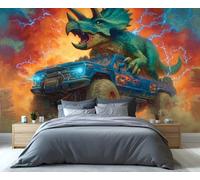 Fresque murale Tricératops tout-terrain sous l'orage - Éclair bleu électrique et bête préhistorique : une œuvre d'art idéale pour une salle de jeux et les amateurs de décoration audacieuse. 250x195cm