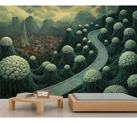 Fresque murale « Ville fantastique et flore extraterrestre », motif de paysage insolite, décoration murale inspirante pour un mur d'accent dans une chambre. 280x200cm (Non autocollant)