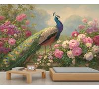Fresque murale vintage représentant un paon et des roses en fleurs, art mural floral romantique, décoration intemporelle pour sublimer votre intérieur. 300x230cm (Non autocollant)
